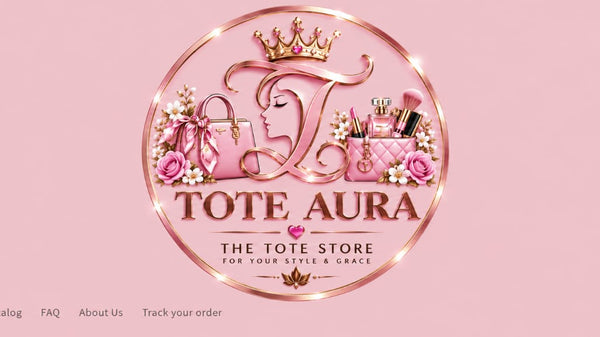 A pink-themed storefront banner featuring a large circular logo for 'Tote Aura' with a gold crown, pink floral accents, and cosmetic illustrations. The logo is centered on a solid pink background, with small website navigation links along the bottom left.